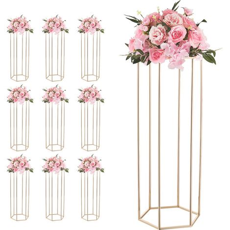 Support de Fleurs de Mariage, 10 Pièces Colonne 80 cm, Présentoir Floral Hexagonal avec Plaque Acrylique, Rack d'Exposition pour Cérémonie, Fête, Anniversaire, Décoration Domicile, Or Français (1/5)