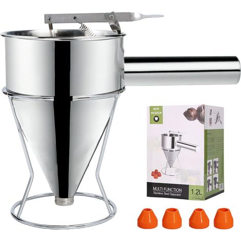 Imbuto da cucina, imbuto a pistone in acciaio inox da 1,2 litri, dosatore per pastella con supporto e 4 ugelli in silicone, per torte, muffin, waffle e pancake. (1/5)
