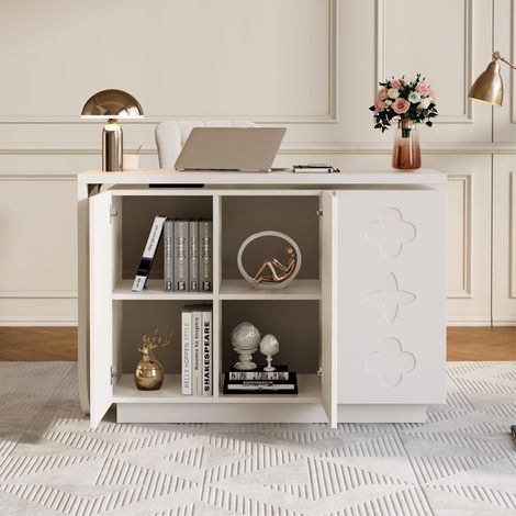 Bureau en MDF blanc pivotant 360°, avec rangement gain de place, 110 cm (1/5)