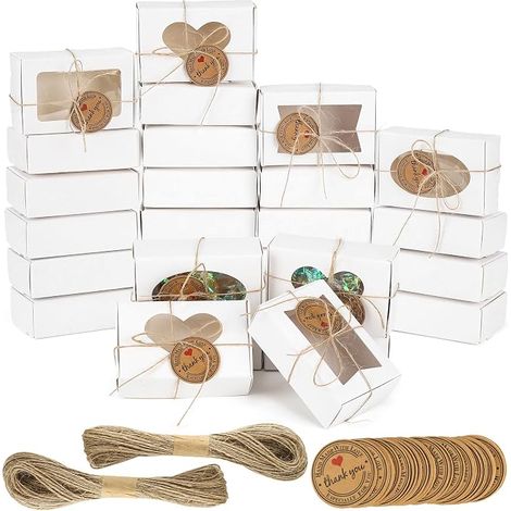 28 Pack White Kraft Paper Boxes, 4 Kinds of Cardboard Boxes with Lid, Tags and Twine, Chocolate Boxes to Fill for Jewelry, Muffin, Candy 9x6x3cm (1/5)