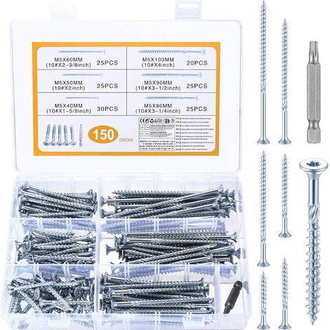 150 Pcs vis pour bois terrasse, vis agglomérées avec embout Torx, vis à tête fraisée à tête plate autotaraudeuses pour charpentes, M5 (bleu et blanc) (1/5)