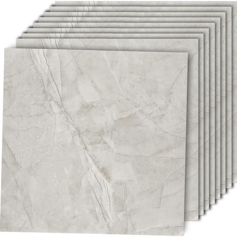 Lot de 10 autocollants pour carrelage mural - Gris clair - 30 x 30 cm - Marbre - Imperméables - Décollez et collez - Pour salle de bain et cuisine (1/5)