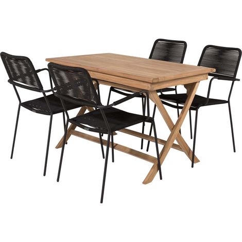 Kenya Gartenset Tisch 70x120cm natur, 4 Stühle Lindos schwarz.