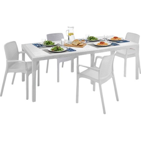 Dmora – Table de jardin rectangulaire extensible 4 places – Structure en polypropylène résistant – Longueur 150/220 cm – Effet rotin blanc