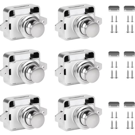 6 Stück Druckknopfriegel für Wohnmobile, schlüsselloser Druckknopfriegel, Möbeltürschloss für Wohnwagen, Transporter, Yacht, Schubladenschrank, Schrank, Schublade (Nickel) (1/5)