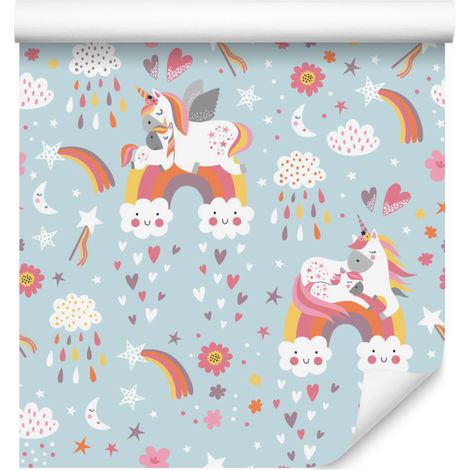 Carta da parati con unicorni, nuvole e cuori per soggiorno e camera da letto, 50x1000 cm (1/5)