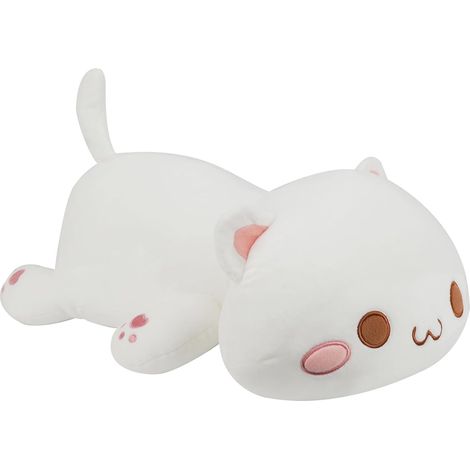 Peluche Chat Super Douce et Mignonne, Coussin Chat pour Dormir, Yeux Ronds Blancs, 35 cm