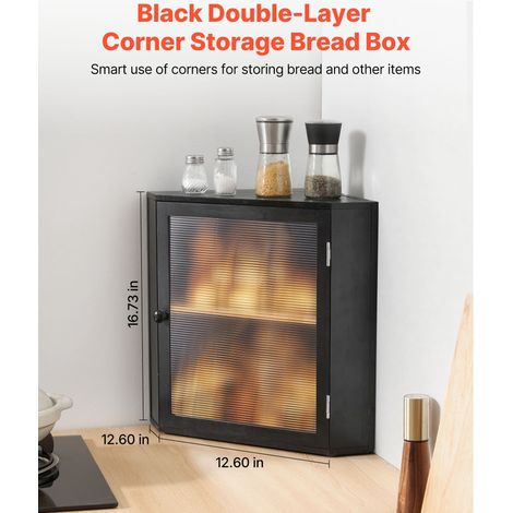 Boîte à pain d'angle en bambou pour coin cuisine, réserve pain double étage grande capacité, meuble pain fermière porte acrylique vague noir (1/5)