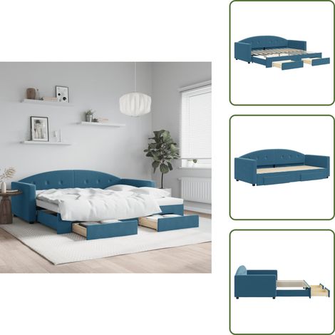 The Living Store Tagesbett Ausziehbar mit Schubladen Blau 90x200 cm Samt - Sofa Bett - Schlafcouch - Gästebett - Daybed - Boxspringbett (1/5)
