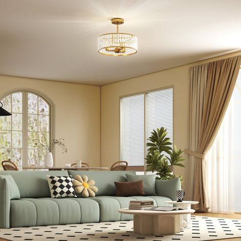 Plafonnier, lustre design, abat-jour en cristal, 3 ampoules, métal, couleur or (1/5)