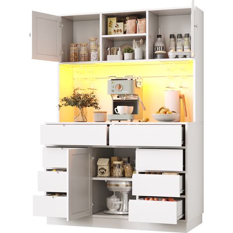 Armario alto de cocina con 8 Cajones, Estantes Ajustables, LED y Cierre Magnético, en MDF, 120x40x183.5 cm, Blanco (1/5)