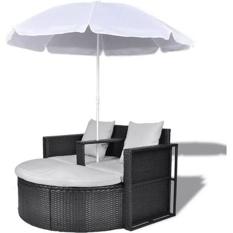 Lit de jardin avec parasol résine tressée noire Uvo (1/4)