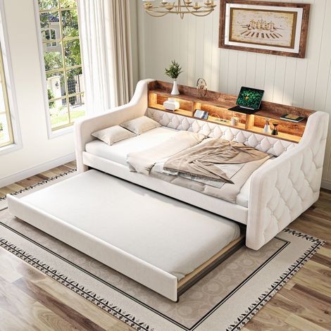 MEUBLIV Lit 90x190 cm beige – canapé-lit avec LED et USB-C, sans matelas (1/5)