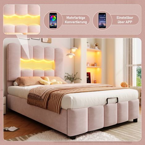 Lit rose en velours 90x200 cm, sans sommier ni matelas, avec éclairage LED intégré, mécanisme hydraulique et tête réglable