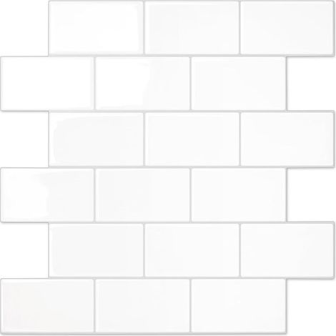 Sticker mural imitation brique de métro 3D - Crédence autocollante - Matière PET - Imperméable - Résistant aux rayures - 30 x 30 cm - Blanc (1/5)