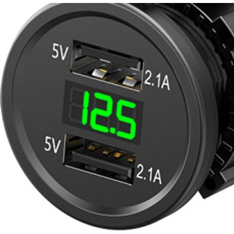 Chargeur double USB pour moto 12 V avec voltmètre numérique et charge rapide, compatible avec téléphones portables, tablettes et GPS, vert. (1/5)
