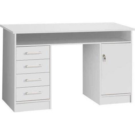 Les Tendances – Bureau droit ALICANTE avec 1 porte et 4 tiroirs – Décor papier blanc – Dimensions L 126 x P 55 x H 76 cm – Pour espaces de travail modernes