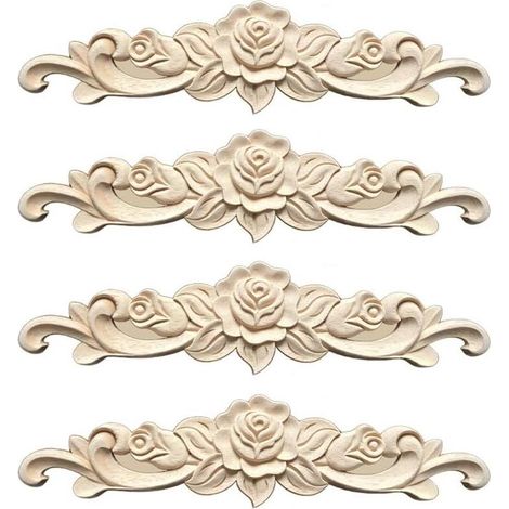 Moulure Decorative Bois 4 Pièces Sculpture Bois Moulure Rosace Decorative pour Décoration Meuble de Cuisine Meubles,30 x 7cm (1/4)