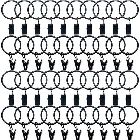 40 anillas metálicas para cortinas con clips, 32 mm de diámetro interior, color negro. (1/5)