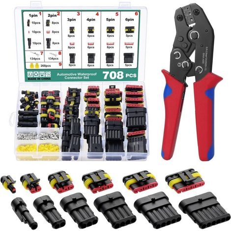 708PCS Imperméable à l'eau Connecteurs, Connecteur Automobile Connecteur Étanche, Connecteur Electrique de Voiture 1/2/3/4/5/6 Broches, Connecteurs de Voiture Étanches avec Pince à Sertir (1/4)