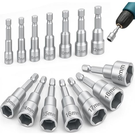 14 Pièces Douille Visseuse Magnétiques,6-19mm Embouts de Vissage, Adaptateur Embout, pour Perceuse ou Tournevis (Acier au Chrome Vanadium) (1/5)