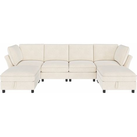 Canapé d'angle modulaire U 6 à 7 places avec 2 poufs coffres, tissu doux, design cloud, idéal salon, appartement et chambre, beige - CHICFURN (1/5)