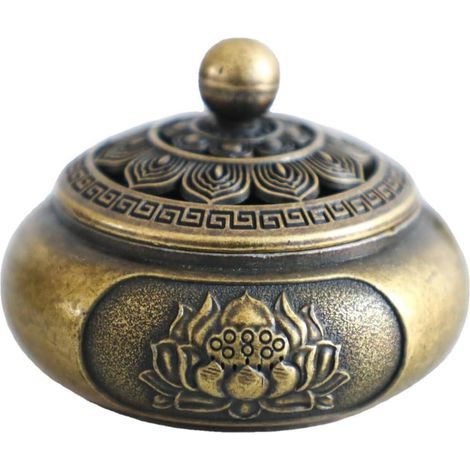 Bruciatore di incenso in metallo a forma di loto, mini bruciatore di incenso retrò con raccoglitore di cenere, rotondo con coperchio, adatto per casa, ufficio e studio di yoga, 4x2,5 cm (1/5)