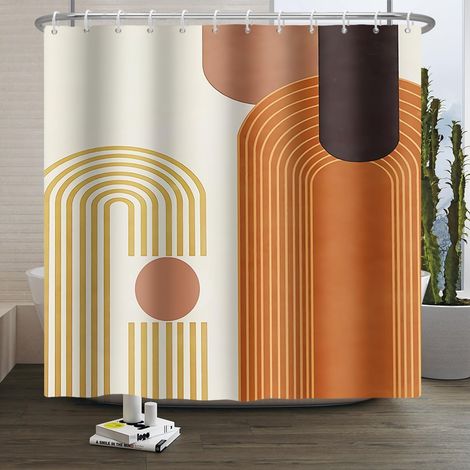 Bohème Rideau de Douche Médiéval Rideau de Salle de Bain Vintage Rideau de Douche Minimaliste Abstrait Arc Soleil Lignes Simples géométriques Beige résistant à la moisissure 150x200cm (1/5)