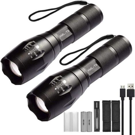 Lot de 2 lampe de poche,batterie 18650,chargeur USB,support vélo,usage extérieur