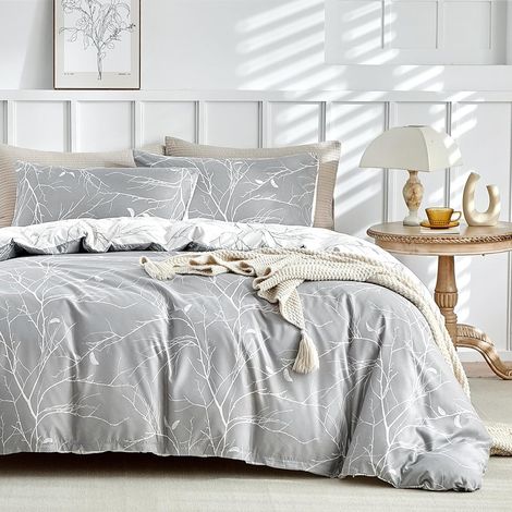 Housse de Couette 220x240 avec 2 Taies d'oreiller 65x65 cm - Motif de Branche Réversible - Parure de lit 220x240 Adulte - 100% Microfibre Parure Couette avec Fermetures éclair, Gris Blanc (1/5)