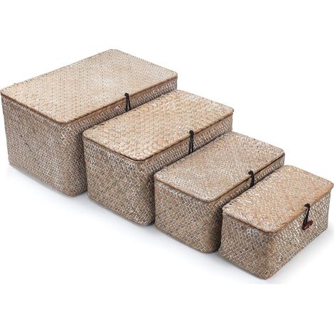 Panier en Osier avec Couvercle, Panier de Rangement en Jonc de Mer, Boîte Décoratif Tissé pour l'organisation des étagères, Blanc (1/5)