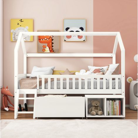 Kinderbett Hausbett 90x200 mit Stauraum Massivholz Weiß OKMYHOME (1/5)