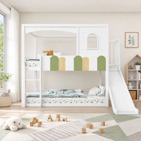 Cama alta infantil 90 x 200 cm con forma de casa, ventana, tobogán y escalera de seguridad, blanca (1/5)