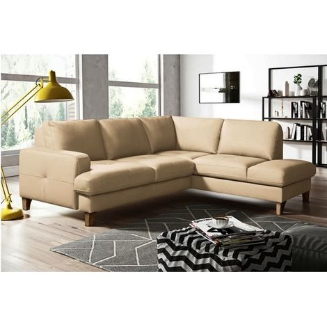 Canapé d'angle convertible en cuir italien de luxe 4/5 places avec coffre, FARELI, beige, angle droit (1/5)