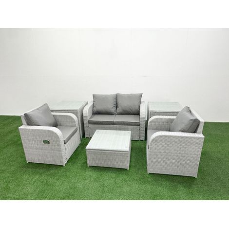 Fimous Light Grey PE Wicker Rattan Garden Furniture Set Sofa Set Reclining Adjustable Chair Square Coffee Table 4 Seater With 2 Side Table (1/4)