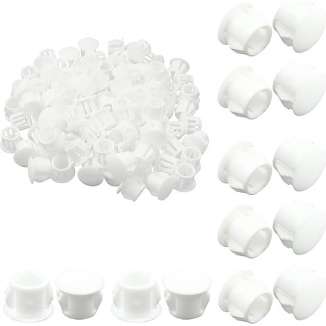 Litoexpe Lot de 100 bouchons blancs en plastique, bouchons de trou de vis en plastique, bouchon de tuyau encastré de 10 mm, cache-trou rond à clipser pour meubles, armoires (1/5)