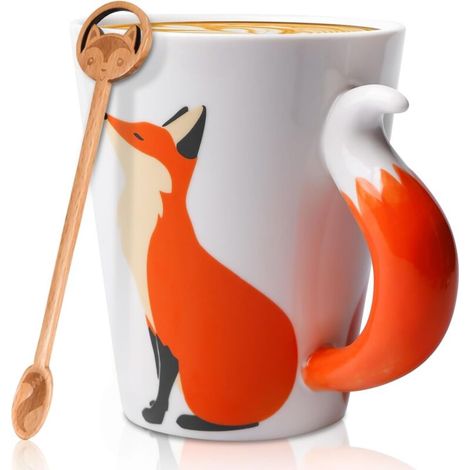 Tasse de 360 ml - En céramique - Motif renard - 3D - Avec cuillère - Tasse mignonne - Cadeau pour anniversaire, rentrée des classes, Noël, anniversaire de mariage (1/5)