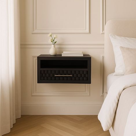 Table de chevet murale avec tiroir et niche ouverte gain de place en bois marron pour chambre