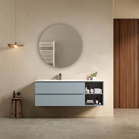 Mobile bagno sospeso 140 cm Blu Avio Lavabo a Sinistra in Resina Specchio Tondo - Fiji Paint Plus (1/4)