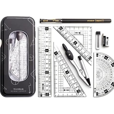 Kit Ustensiles Mathématiques - Métal - 8 Pièces - Étui Anti-chute - Noir - Pour Étudiants (1/5)