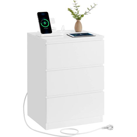 Mesita de noche con regleta mesa auxiliar con 3 cajones 2 tomas de CA 2 puertos USB frentes de cajón biselados para sala de estar dormitorio oficina moderna blanca 120007610