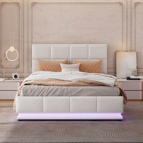 Lit double 140x200 cm avec rangement coffre hydraulique relevable, éclairage LED intégré, sommier inclus, revêtement similicuir blanc, pour adulte et adolescent (1/4)