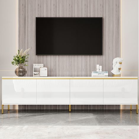 Meuble TV blanc brillant 170 x 38 x 50 cm, 4 portes, passe-câbles, pieds métalliques DESVIAE (1/5)