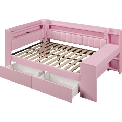 Divano letto capitonné 140 x 200 cm rosa con porte USB, LED, scrivania e 2 cassetti (1/5)