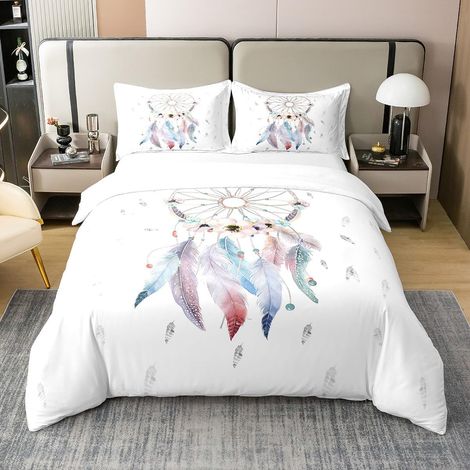 Attrapeur de rêves Housse de Couette 140x200cm 100% Coton Indien Hippie Plume Ensemble de Literie pour Enfants Garçons Filles Ados Décor Boho Dream Catcher Parure de lit Éléments Tribaux - 140 x 200 c (1/5)