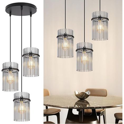GBLY Pendelleuchte 3 Flammig Schwarz Hängelampe Esstisch Rund E27 Glasschirm Ø 16 Vintage Für Esszimmer Küche Wohnzimmer Cafe Bar Ohne Leuchtmittel
