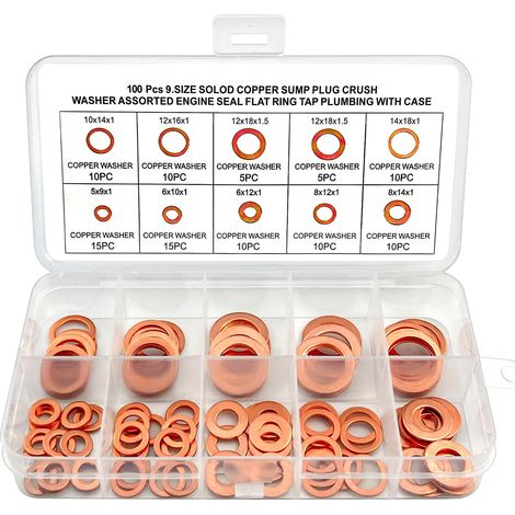 Rondelle Cuivre, Joint Vidange Assortiment Kit 100 Pcs 9 Tailles, M5 M6 M8 M10 M12 M14 Rondelle Plate pour L'étanchéité des Vis Bagues D'étanchéité (1/5)