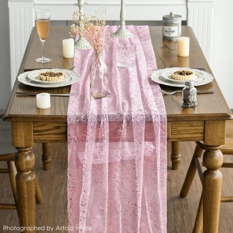 Runner da tavola in 2 pezzi, 70 x 300 cm, decorazione per la tavola con lamina d'oro, per cucina, festività, compleanni, matrimoni, rosa (1/5)