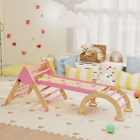 Triangle d'escalade 8 en 1 pour enfants avec rampe double face, arche d'escalade en bois avec toboggan et échelle, rose (1/5)