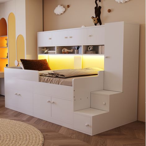 Kinderhochbett 90x200 cm aus weißem Holz mit Stauraum, platzsparend, ohne Matratze – MEUBLIV (1/5)